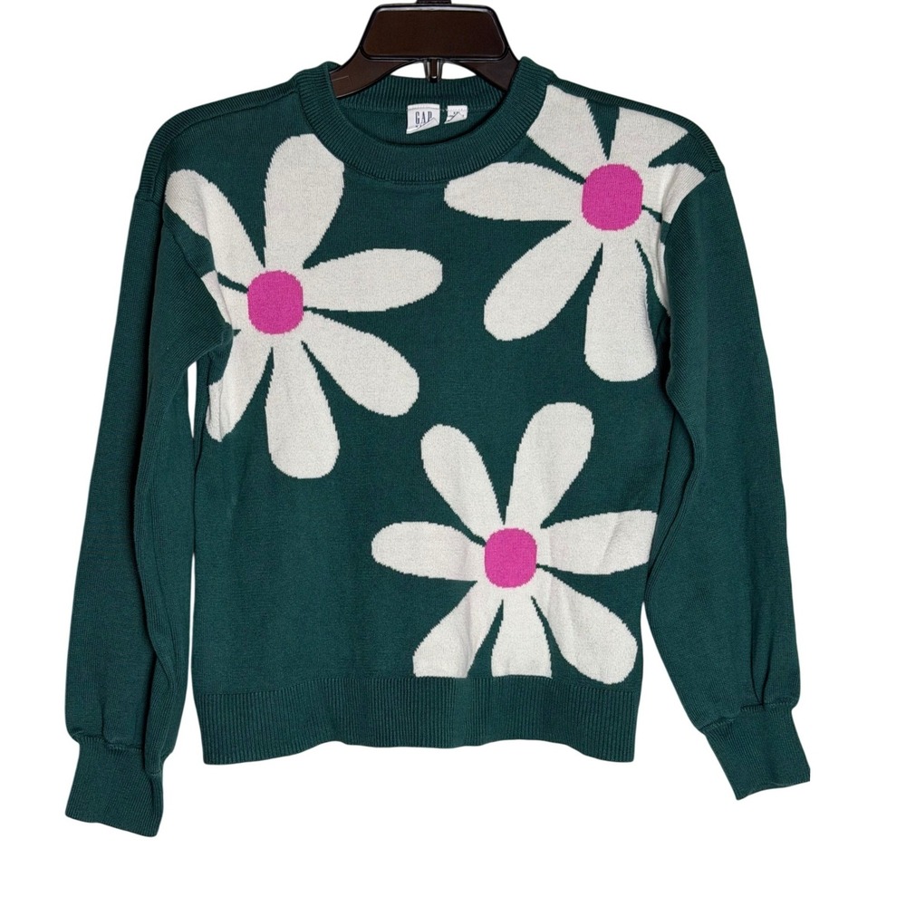 Gap Sweater Kids XXL Intarsia Swtr Flowers Green Daisy Floral Crewneck EUC